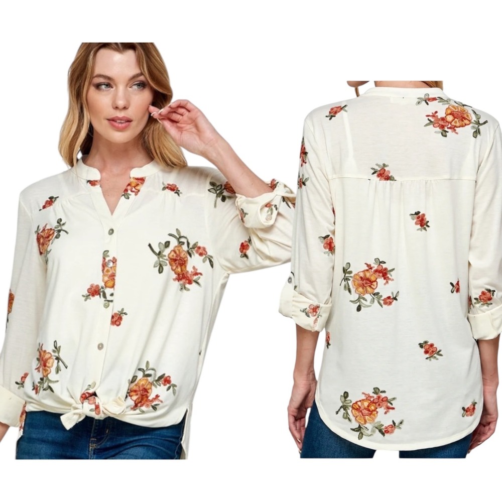 Fig & Flower 3/4 Sleeve Cream Floral Embroidered Button Down Tie Front Blouse L